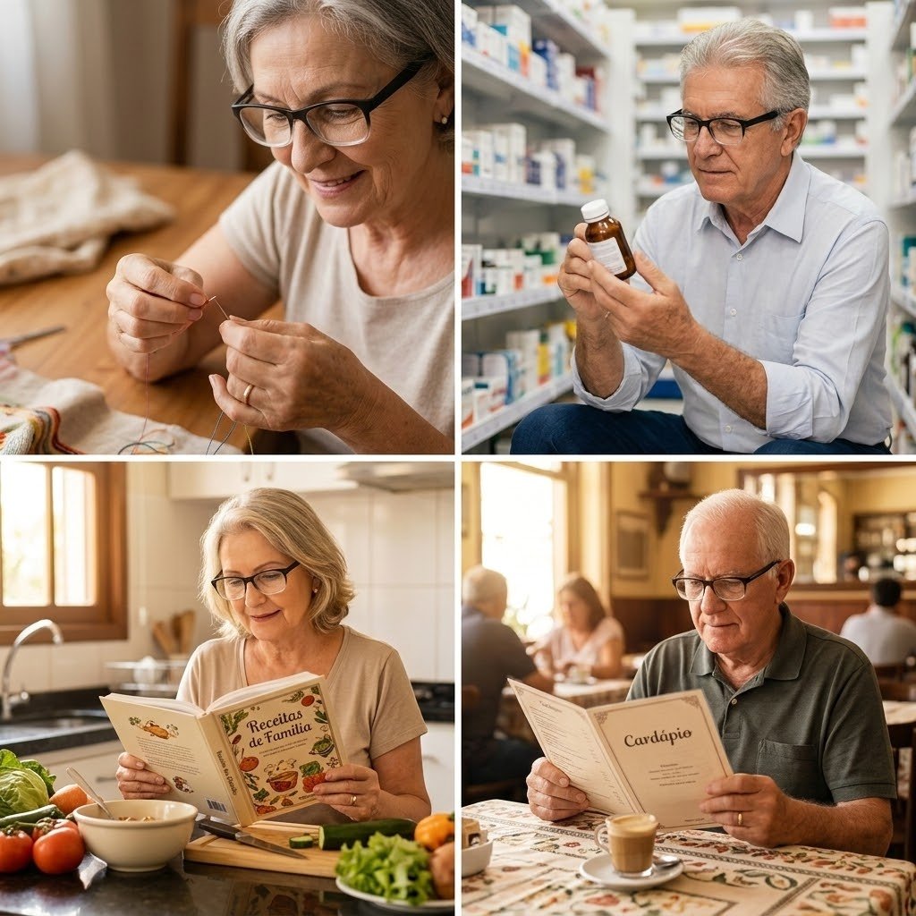 Quatro momentos do dia-a-dia com os OnePower Readers — leitura, telemóvel, cozinha, costura