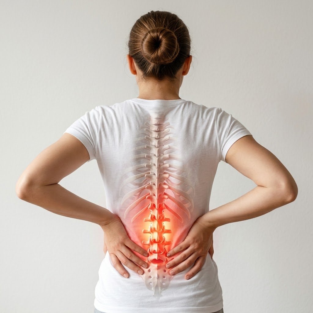 Pessoa com postura incorreta ao computador com destaque na coluna vertebral