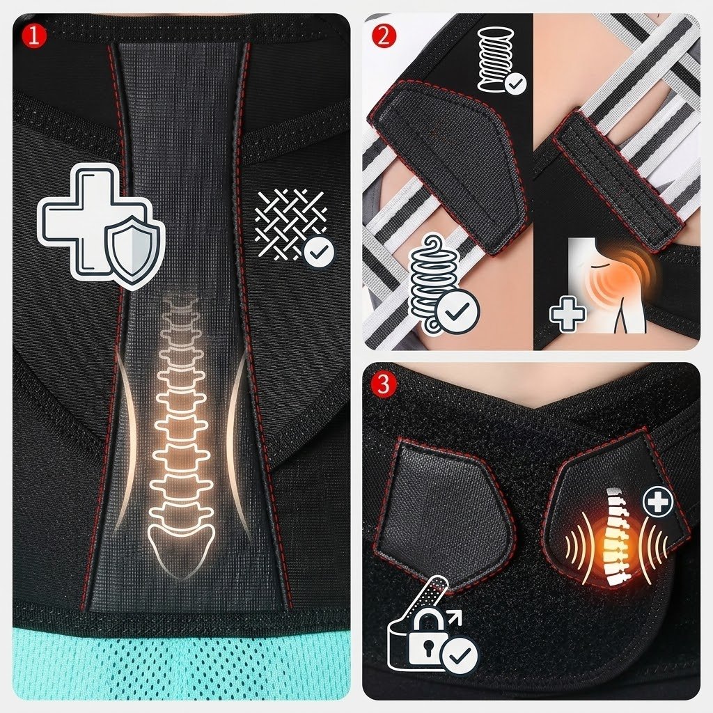 Corretor postural PosturePro com hastes de aço e cinta abdominal em destaque