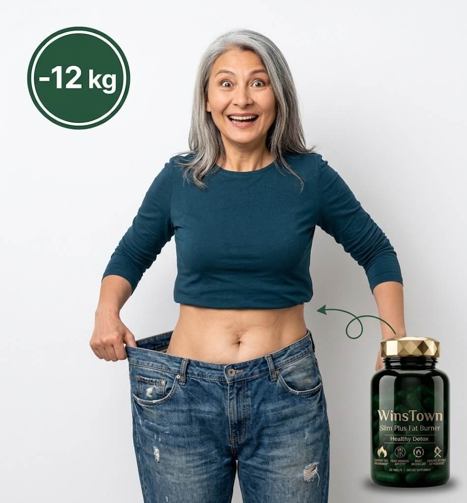 Mulher europeia nos seus 60 anos mostrando resultado de perda de peso com WinsTown Slim Plus Fat Burner