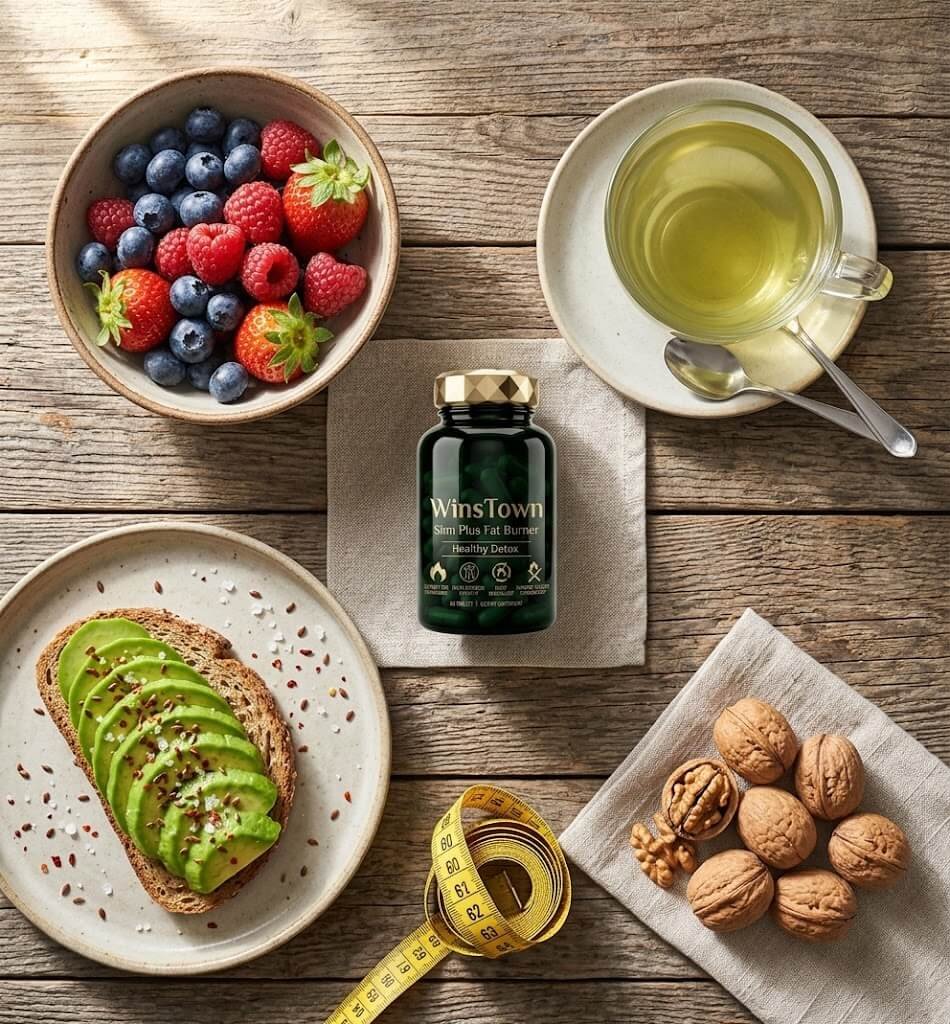 Pequeno-almoco saudavel com frasco WinsTown Slim Plus Fat Burner
