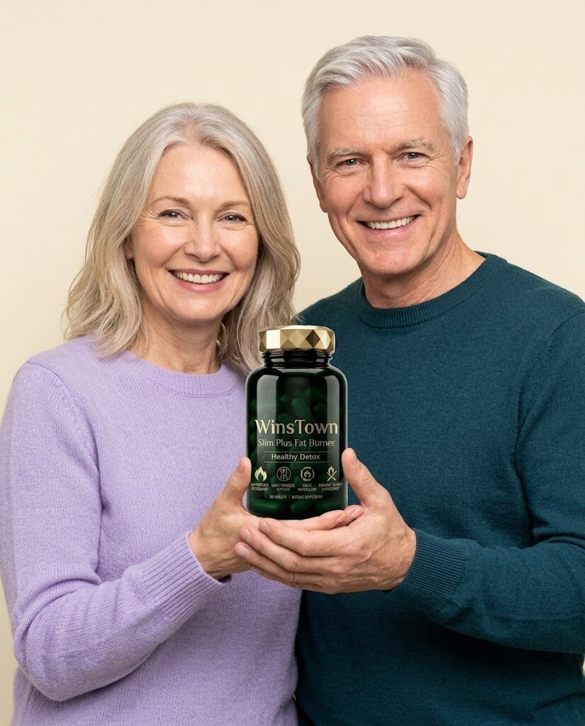 Mulher portuguesa nos seus 50 anos na balanca com frasco WinsTown Slim Plus Fat Burner ao lado