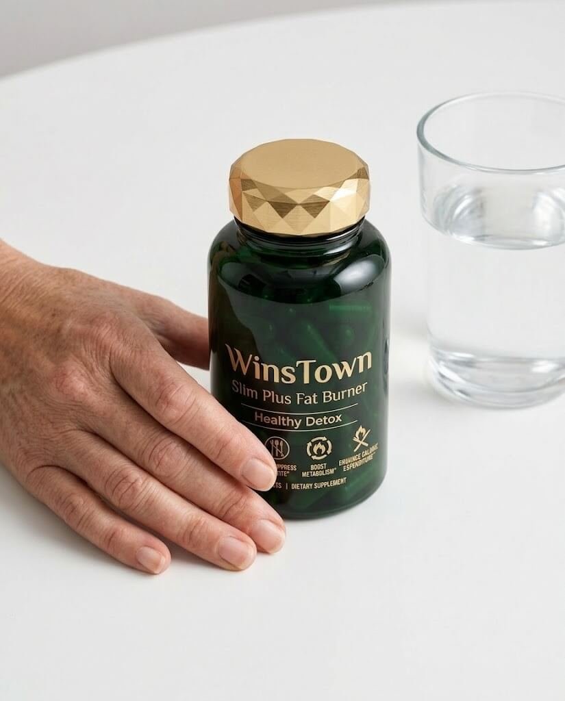 Mao de mulher a pegar no frasco WinsTown Slim Plus Fat Burner para toma diaria