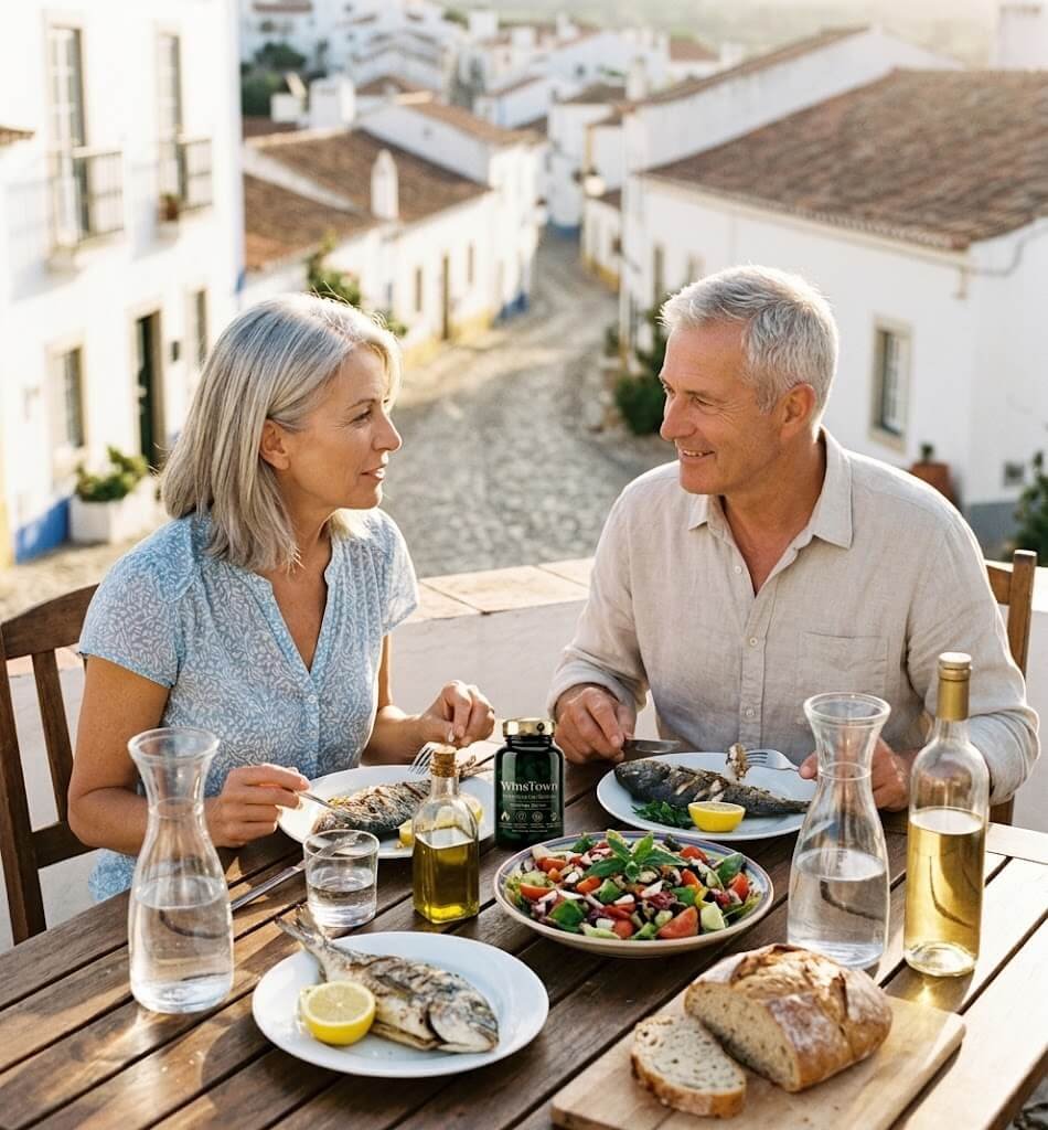 Casal senior portugues a almocar refeicao mediterranica saudavel com WinsTown Slim Plus Fat Burner na mesa