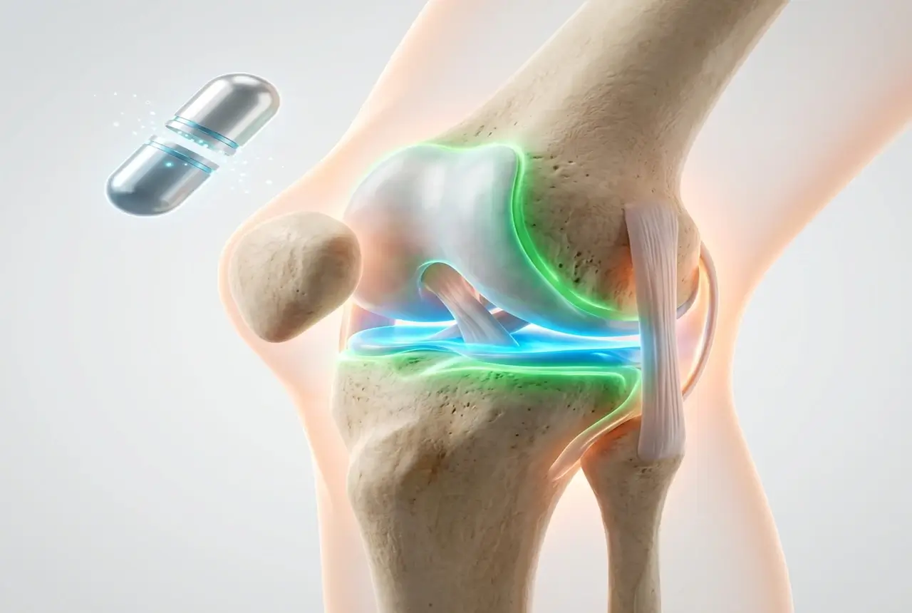 Cápsula de ArthritisEase mostrando su acción sobre la articulación, el cartílago y el líquido lubricante