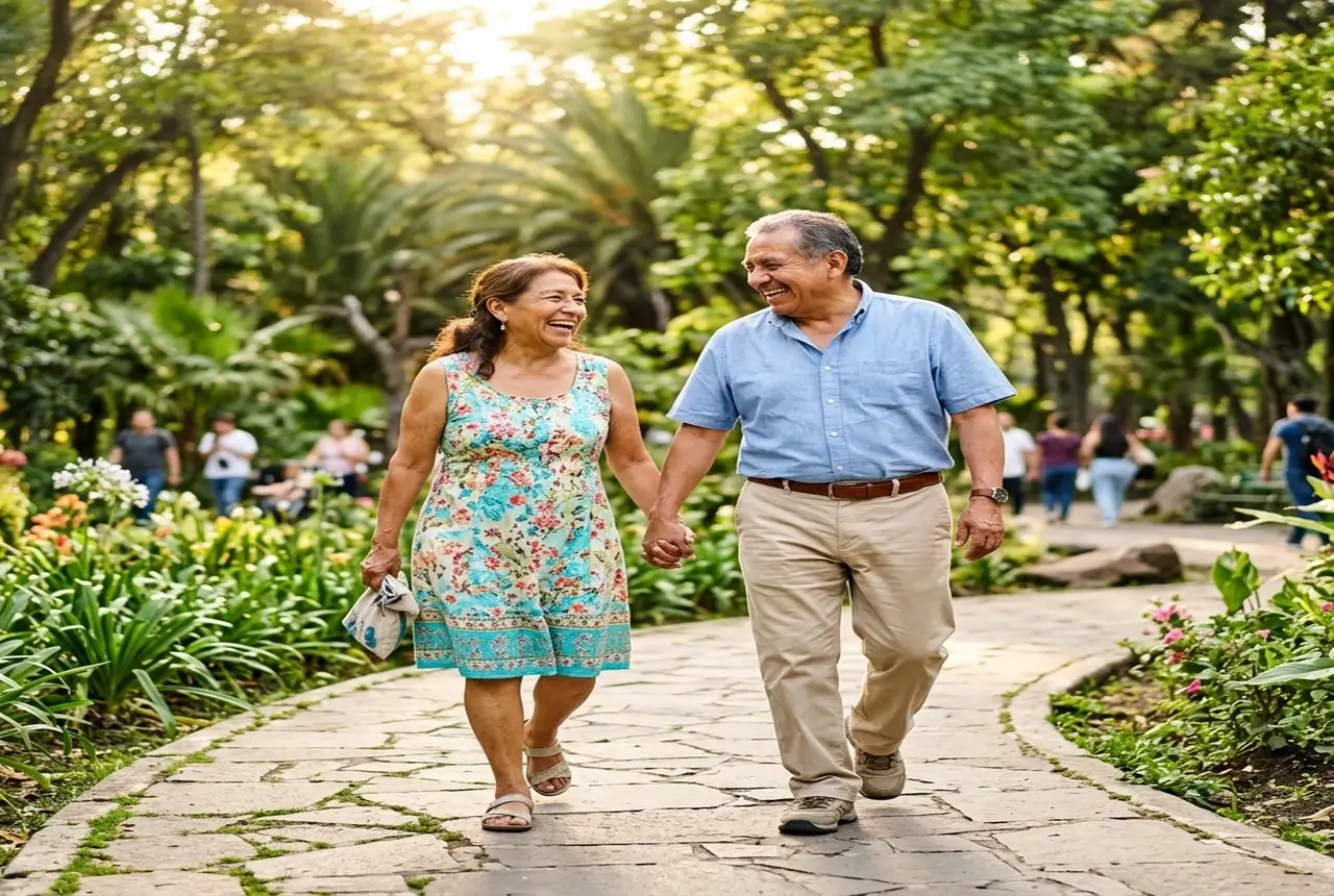 Pareja mayor mexicana caminando feliz al aire libre, moviéndose con libertad y sin dolor