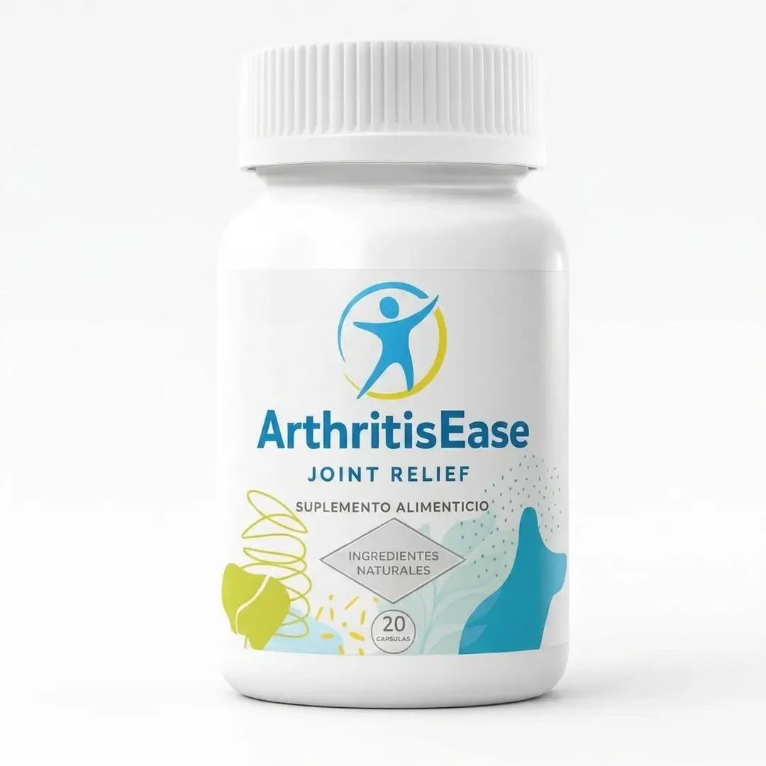 Frasco de ArthritisEase con sello de garantía y etiqueta de hoja y diseño azul fluido