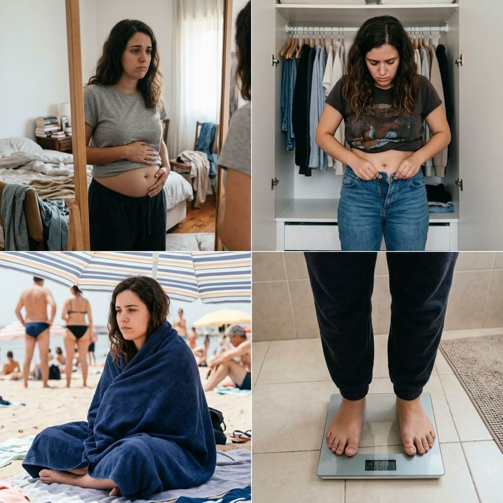 Colaje de frustraciones: mujer insatisfecha con su abdomen al espejo, pantalones apretados que no cierran, escondiéndose en la playa y decepción con la báscula