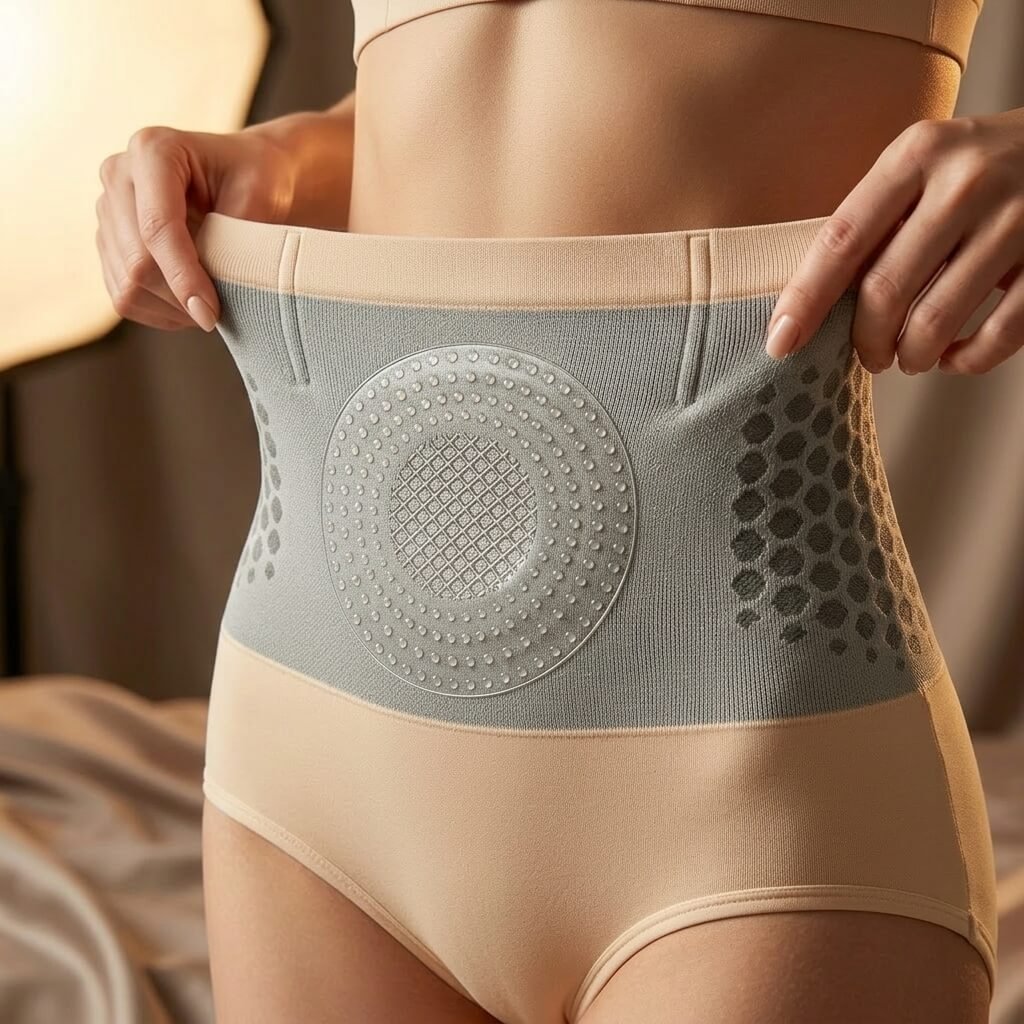 Mujer tirando de la banda elástica de la faja modeladora para demostrar la elasticidad y el ajuste cómodo en el abdomen
