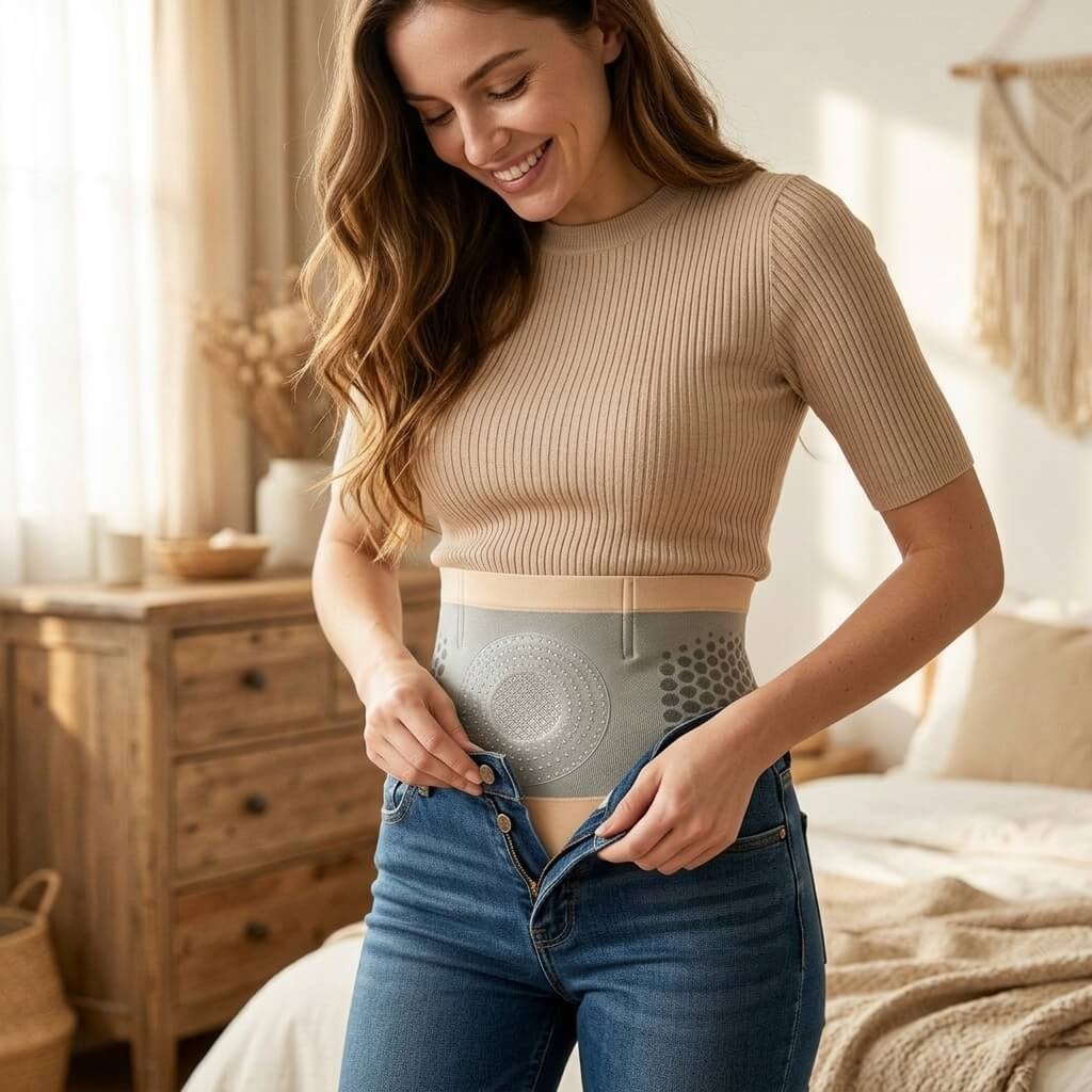 Mujer sonriente abrochando fácilmente vaqueros ajustados sobre la faja modeladora de cintura alta