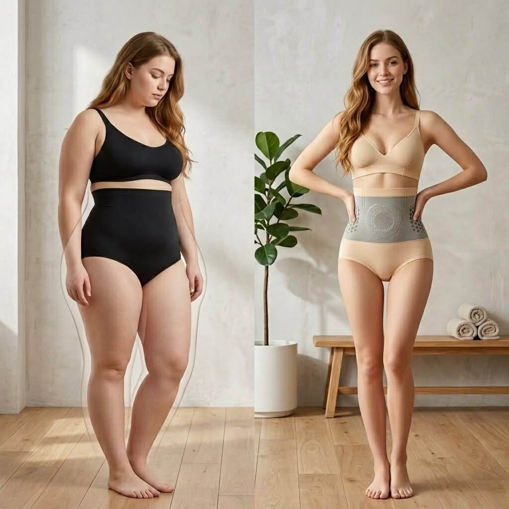 Comparación lado a lado: marcas y marcas de una faja barata en la espalda frente a la postura suave y lisa obtenida con Fat Burning Shapewear