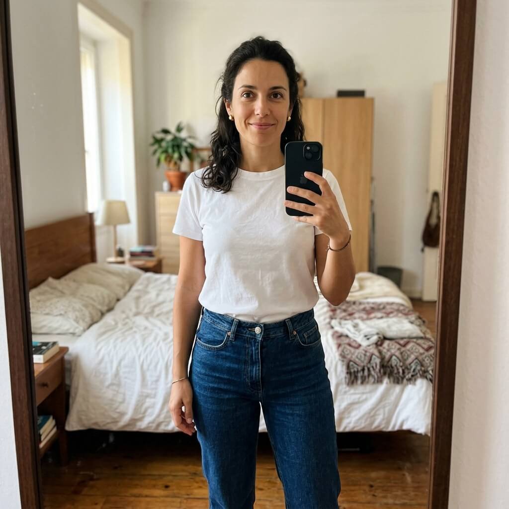 Selfie de María mostrando el abdomen liso y cintura esculpida con vaqueros ajustados