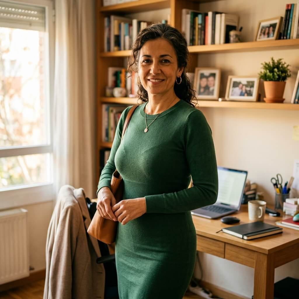 Selfie de Cristina usando un vestido de oficina verde ajustado