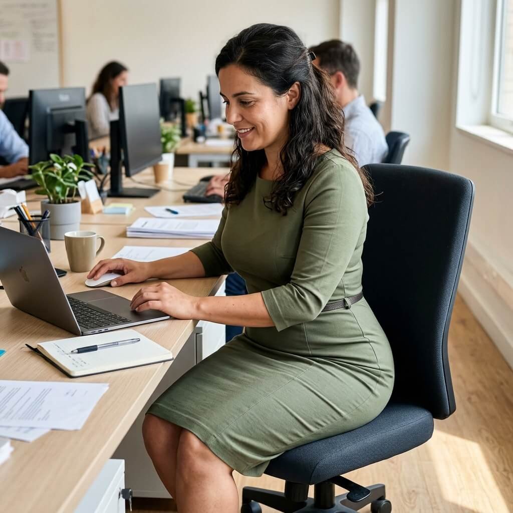 Mulher sentada confortavelmente a trabalhar no escritório com postura firme e cintura definida