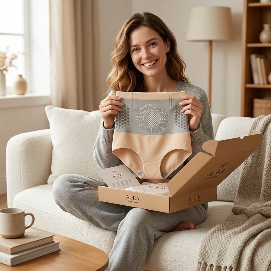 Cliente sorridente a abrir a embalagem da cinta modeladora no seu sofá