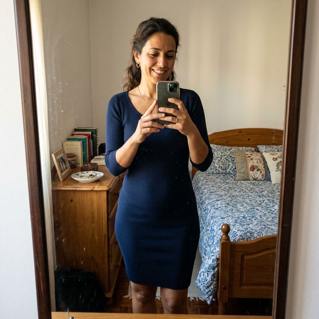 Selfie de Sofia no espelho mostrando o caimento suave do seu vestido azul