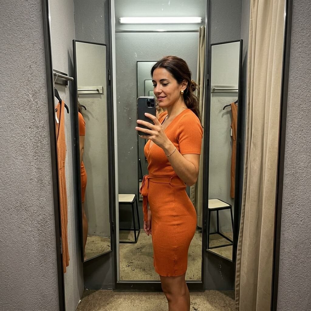 Selfie de Filipa mostrando a cintura fina de perfil com o seu vestido laranja