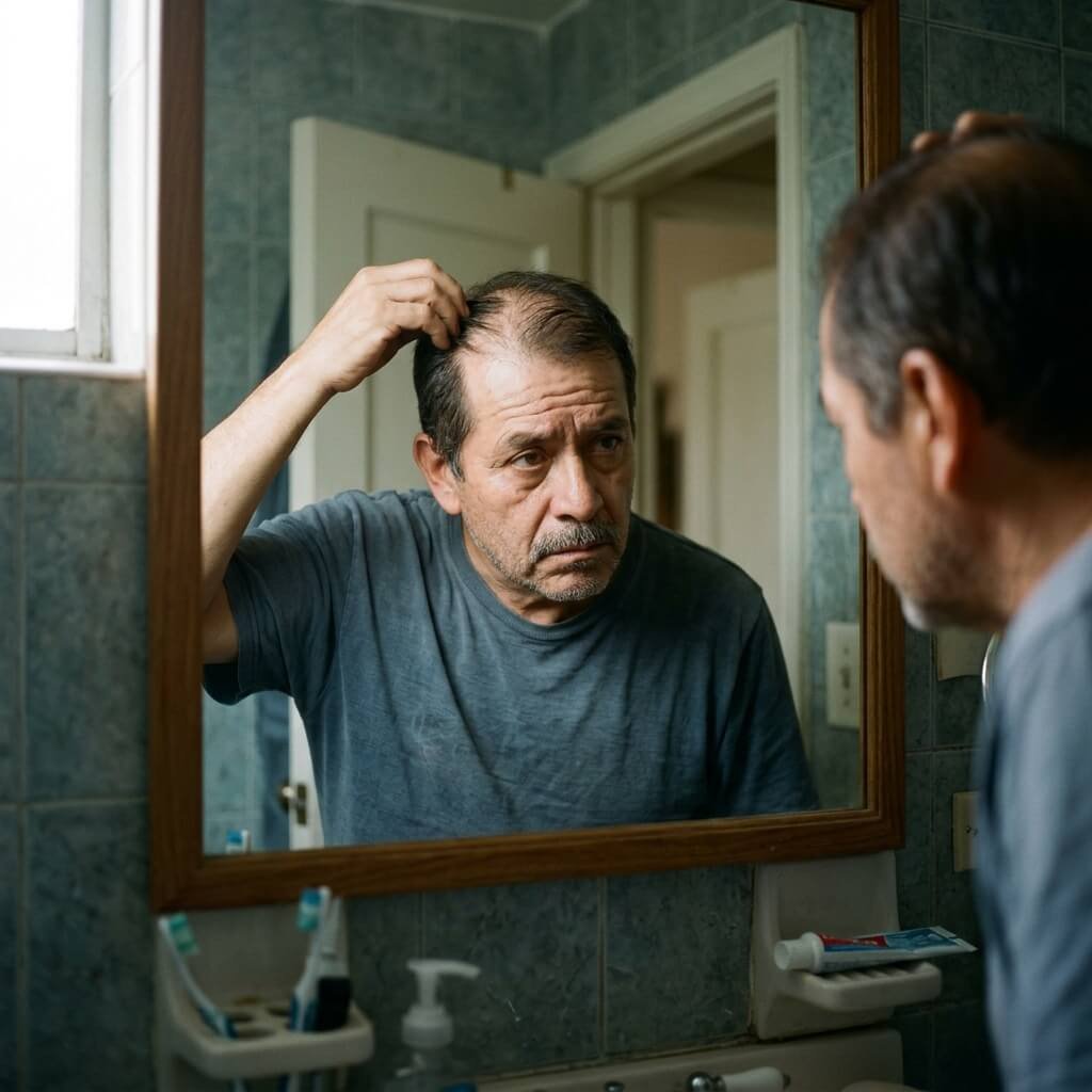 Hombre preocupado mirando su cabello en el espejo