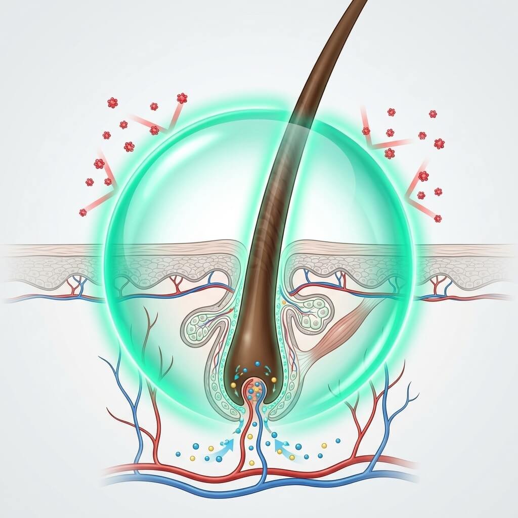 Escudo folicular HairRegan protegiendo la raíz del cabello de la DHT