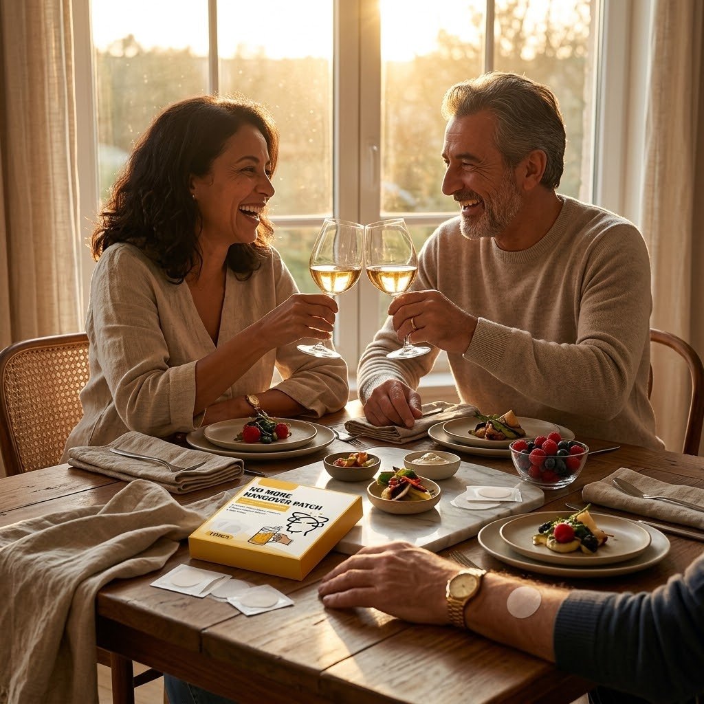 Pareja brindando feliz en una cena, sin miedo al día siguiente