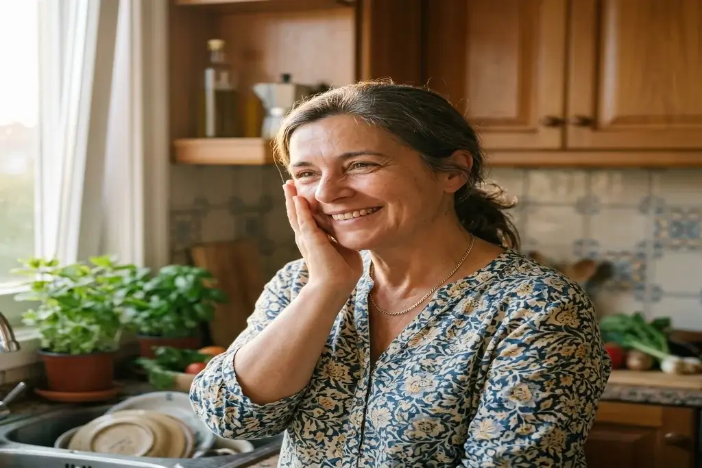 Mulher aliviada da dor de dentes a sorrir em casa