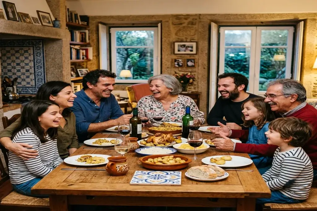 Familia española feliz compartiendo una comida