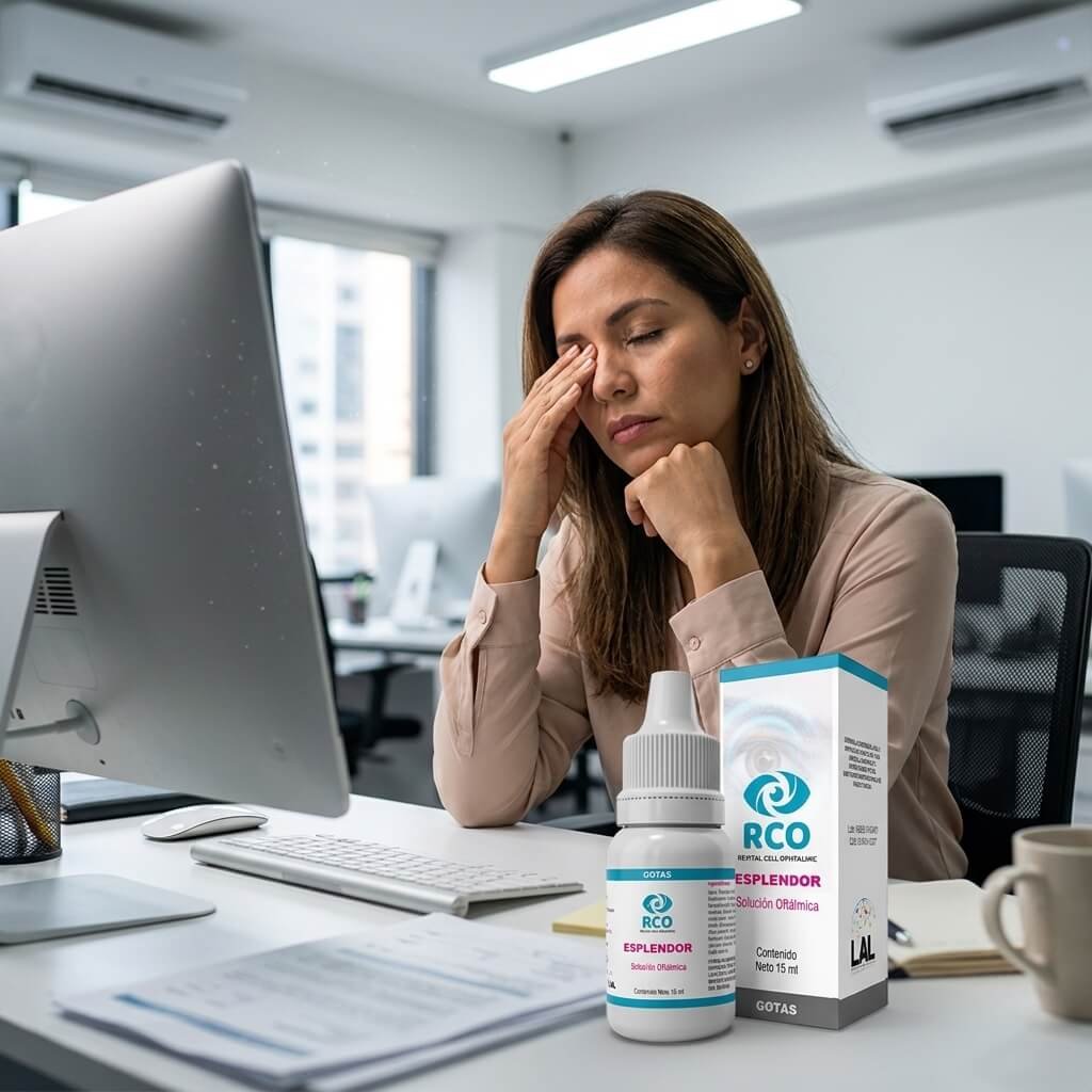 Mujer con fatiga ocular frente al computador