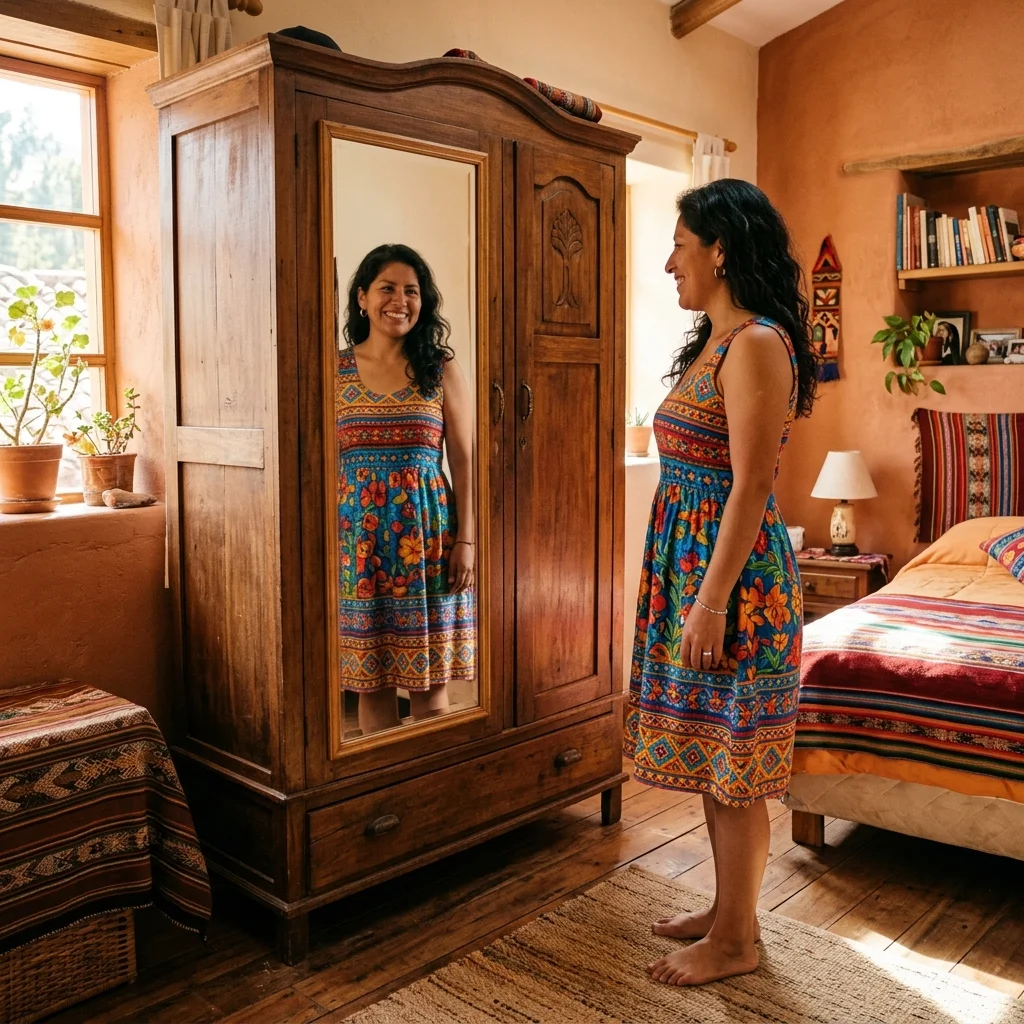 Mujer feliz con ropa que vuelve a quedarle