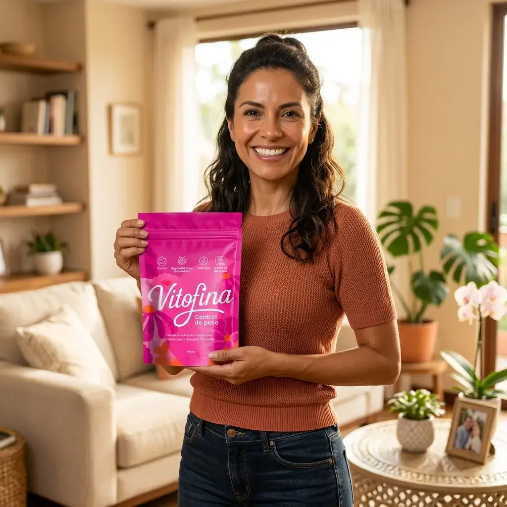 Mujer colombiana feliz y con energía tras su transformación con Vitofina