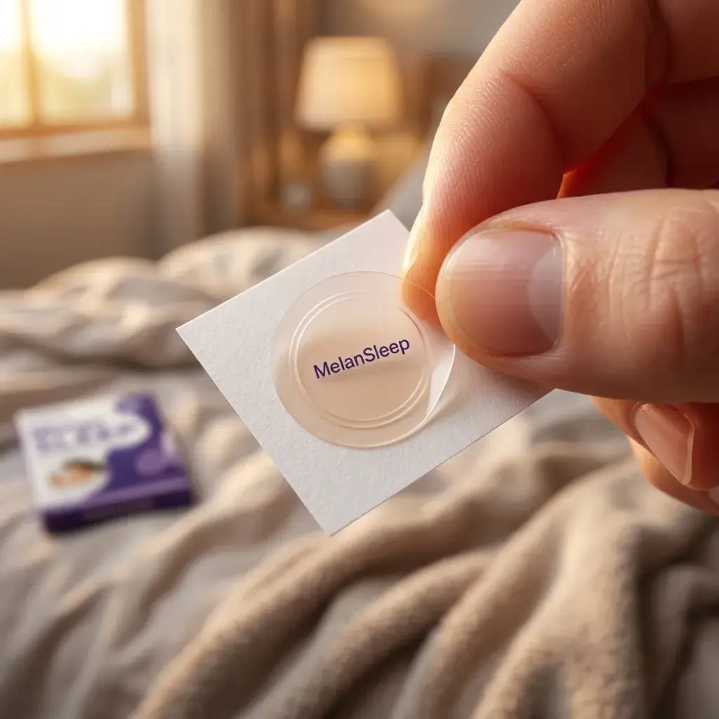 Primer plano del parche MelanSleep aplicándose en la piel antes de dormir