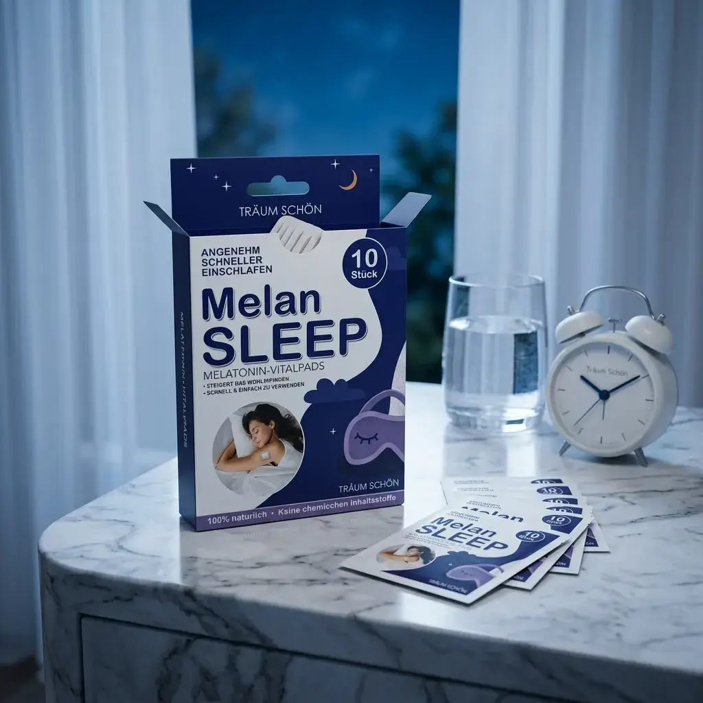Paquete MelanSleep de 10 parches de melatonina con composición editorial elegante
