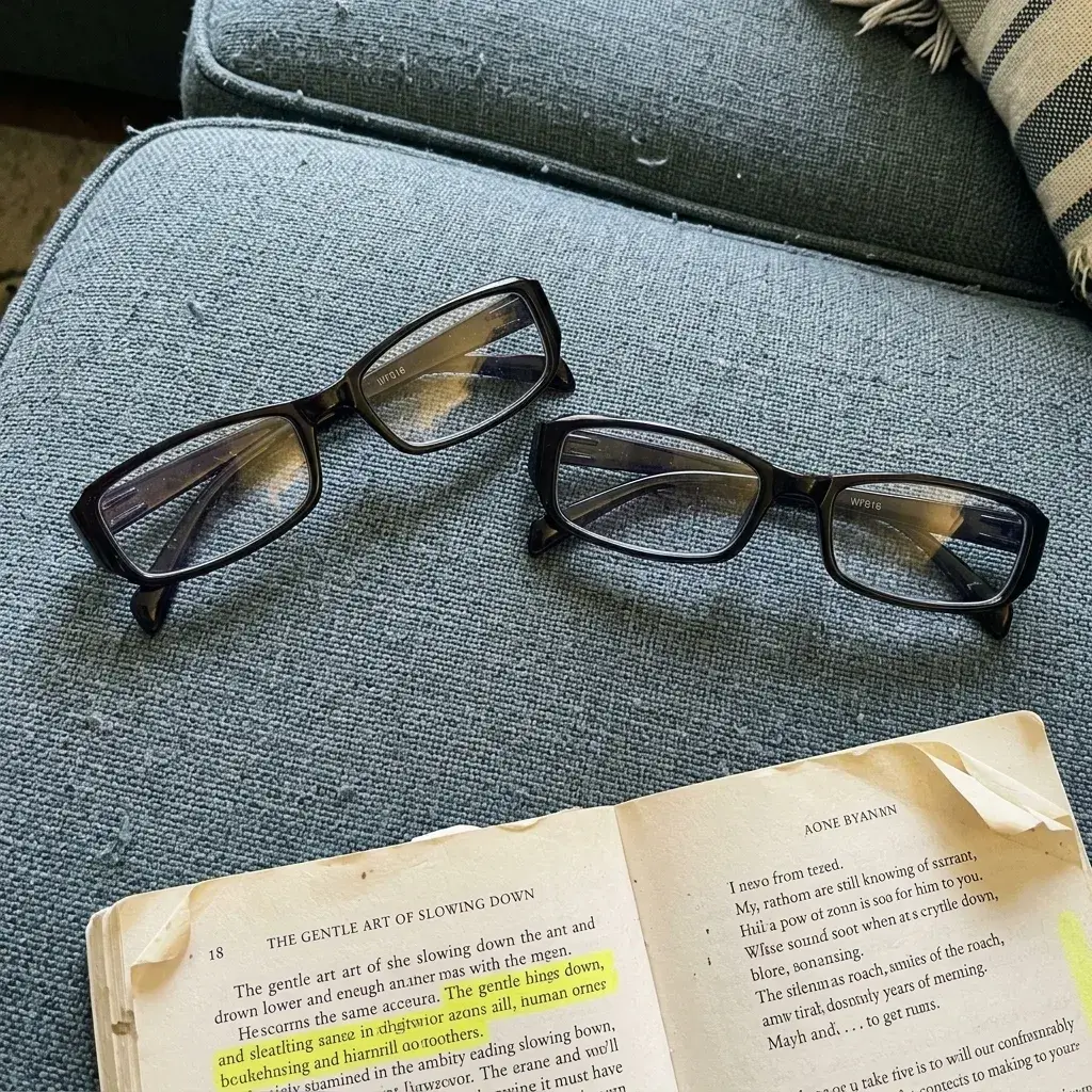Foto del cliente Carlos — dos pares de gafas en la mesita de noche