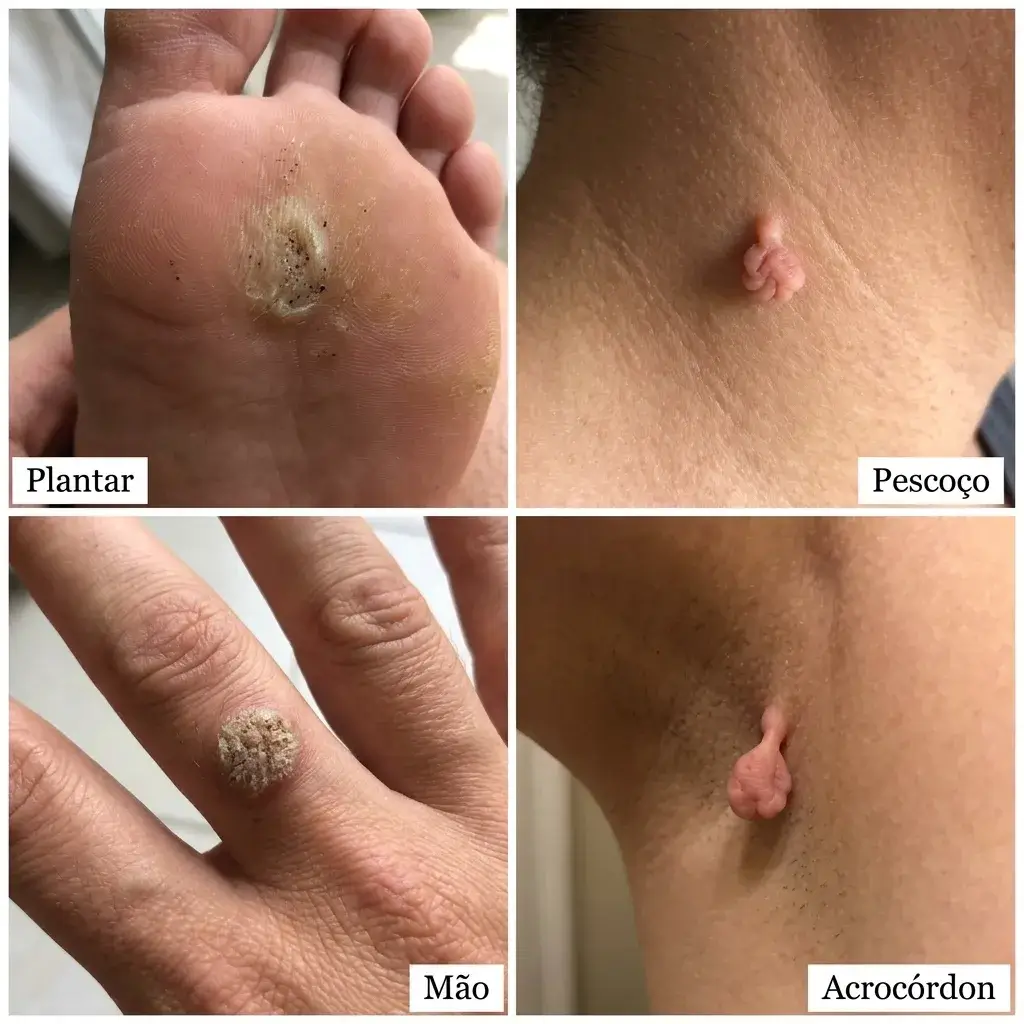 Cuadrícula con verrugas pequeñas, plantares, colgajos cutáneos y acrocordones