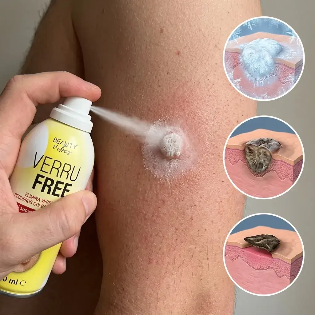 Aplicación del spray amarillo en una verruga del brazo con diagramas circulares de la acción en las capas de la piel