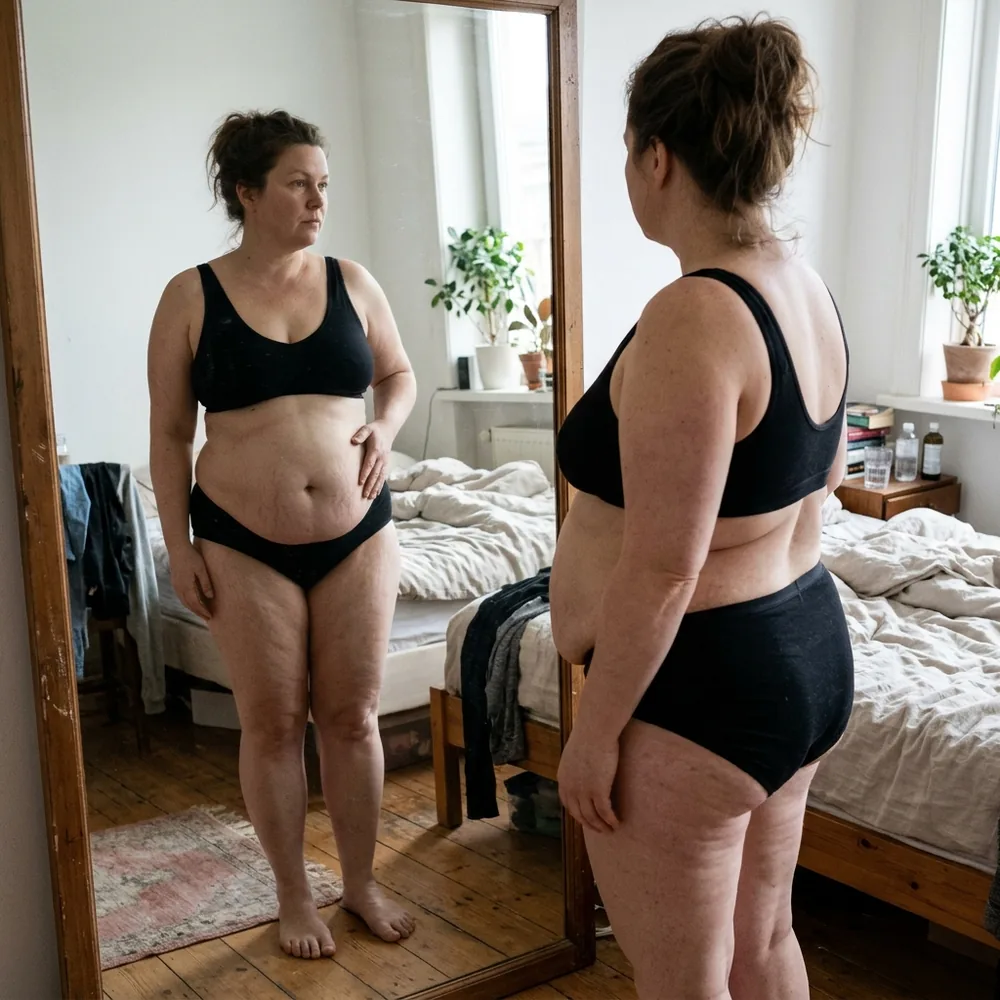 Antes: la misma mujer frente al espejo en ropa interior, sin el body moldeador