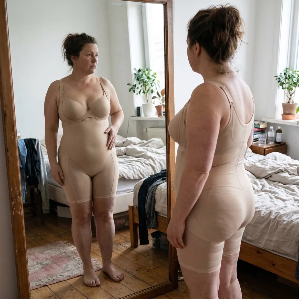 Después: mujer frente al espejo con el body moldeador beige, abdomen alisado, cintura marcada y glúteos levantados
