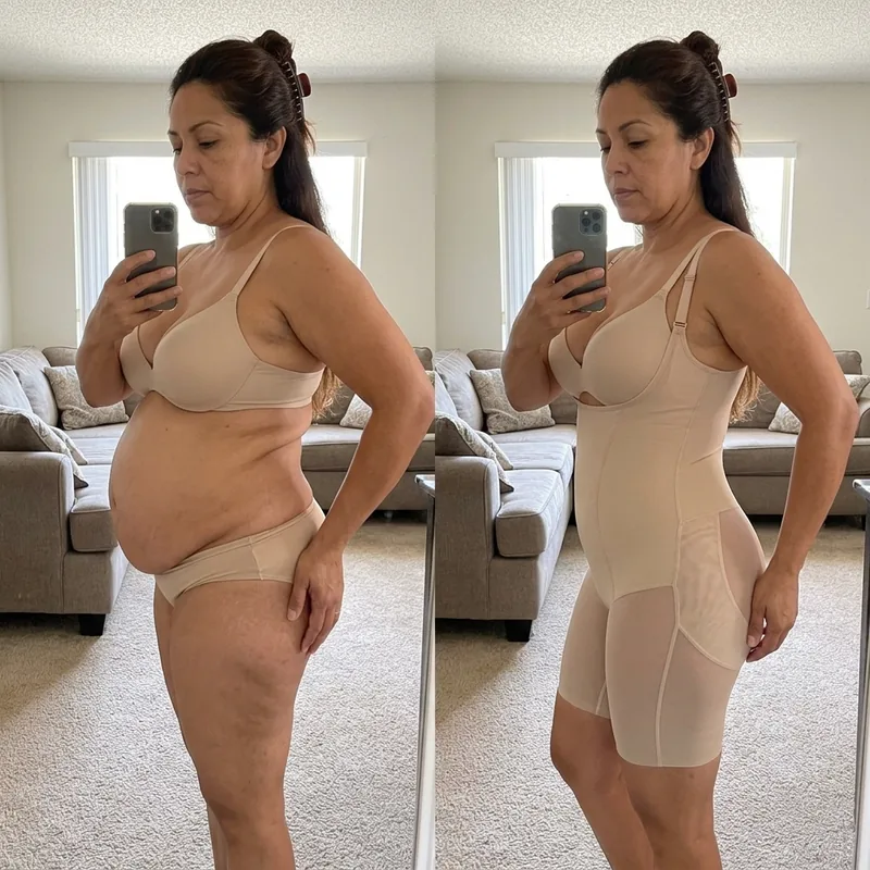 Antes y después de tres cuartos en el salón: mujer con barriga grande y luego con el body moldeador beige