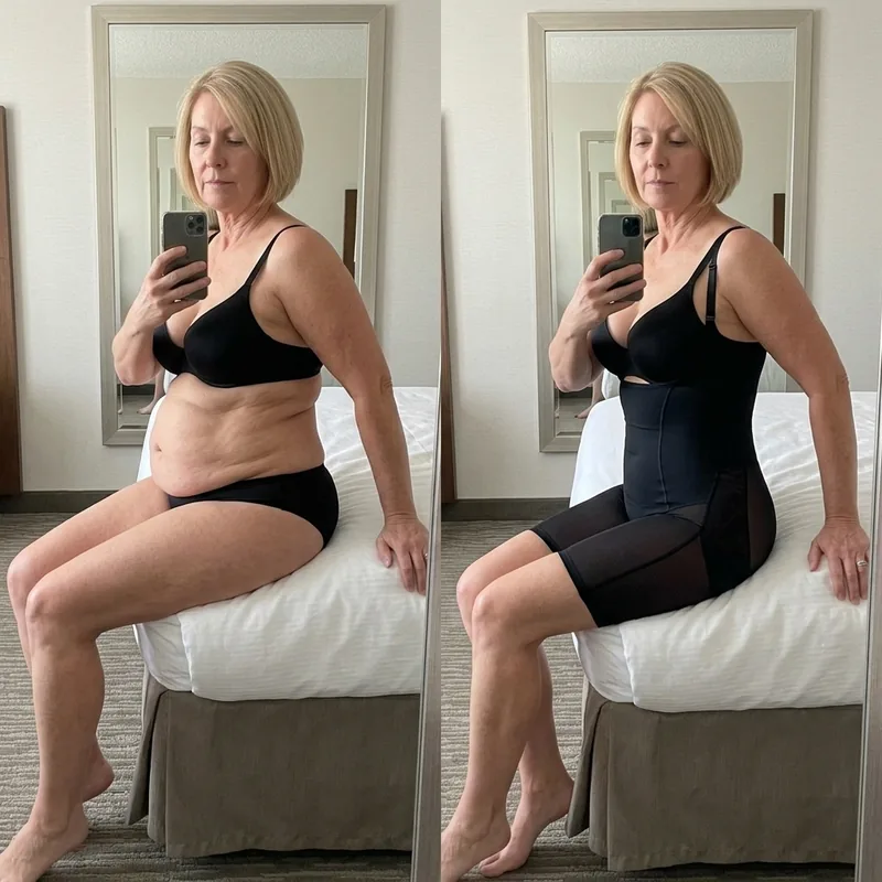 Antes y después sentada en la cama del hotel: barriga doblada y luego lisa con el body moldeador negro