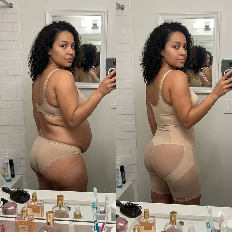 Antes y después de espaldas en el baño: barriga y grasa en la espalda y luego el body moldeador beige