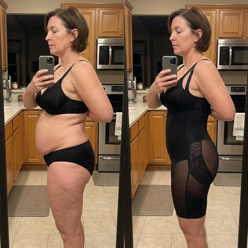 Antes y después de perfil en la cocina: barriga prominente y luego aplanada con el body moldeador negro