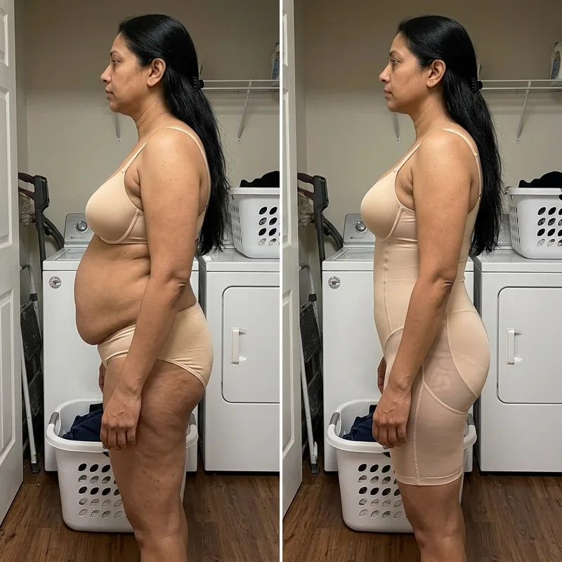 Antes y después de perfil en el lavadero: barriga grande y luego con el body moldeador beige