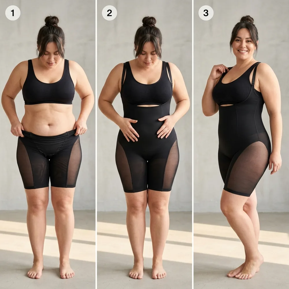 3 pasos: 1 subir el body por las piernas, 2 ajustar los paneles en caderas y abdomen, 3 regular los tirantes en los hombros