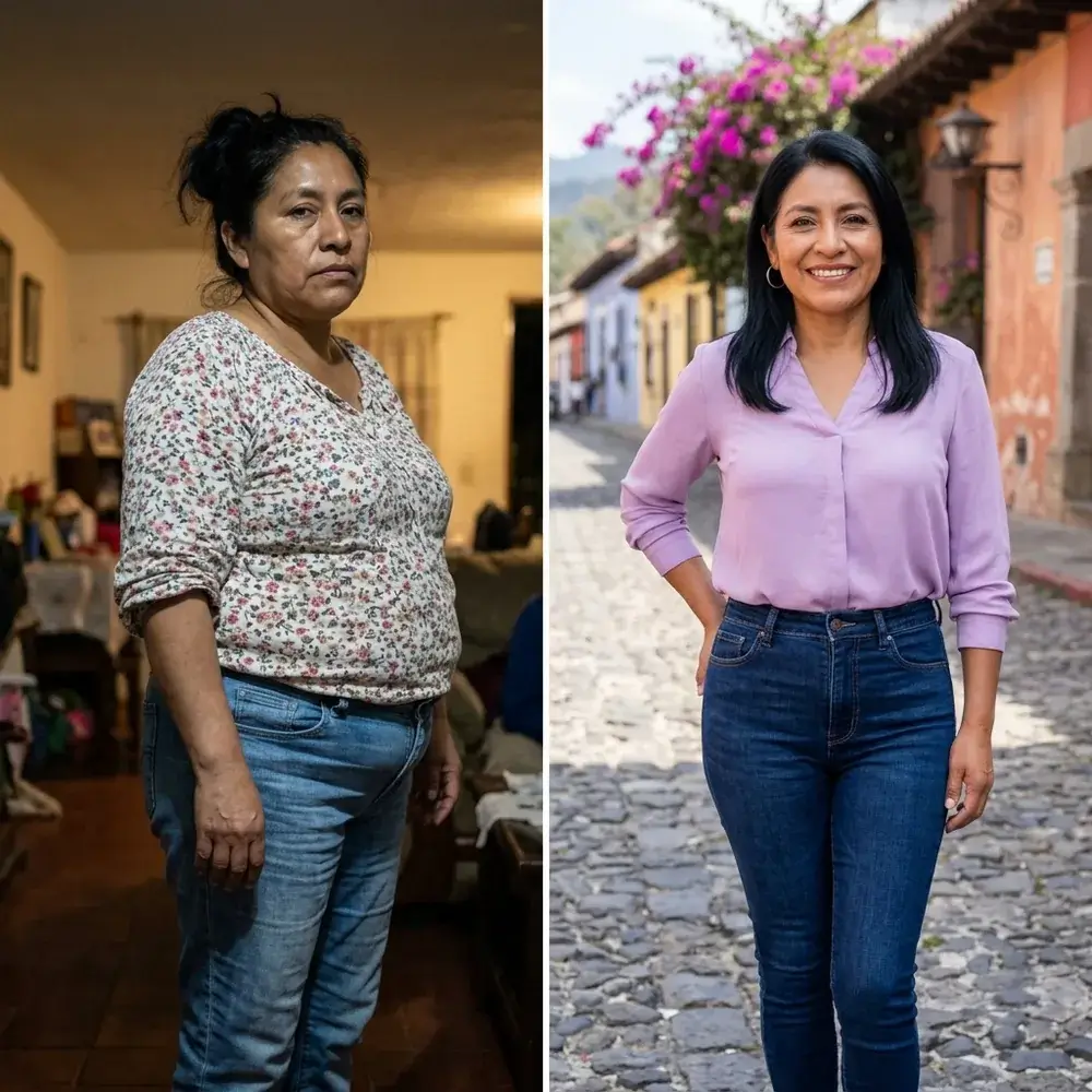 La misma mujer de 50 años en dos fotos: antes, en su sala con la panza saliente; después, en una calle de Antigua, delgada y con jeans ajustados
