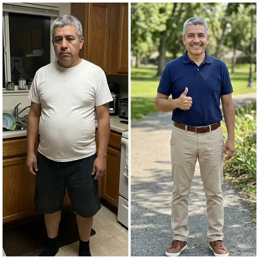 Julio antes, en su cocina con la camiseta estirada por la barriga, y después en un parque con la panza plana