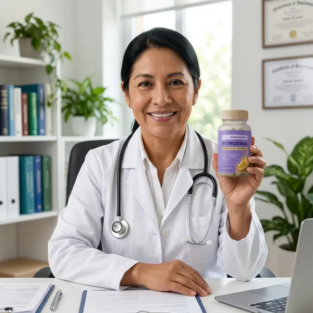 Médica de unos 50 años con bata blanca y estetoscopio sosteniendo el frasco de FitForma en su consultorio