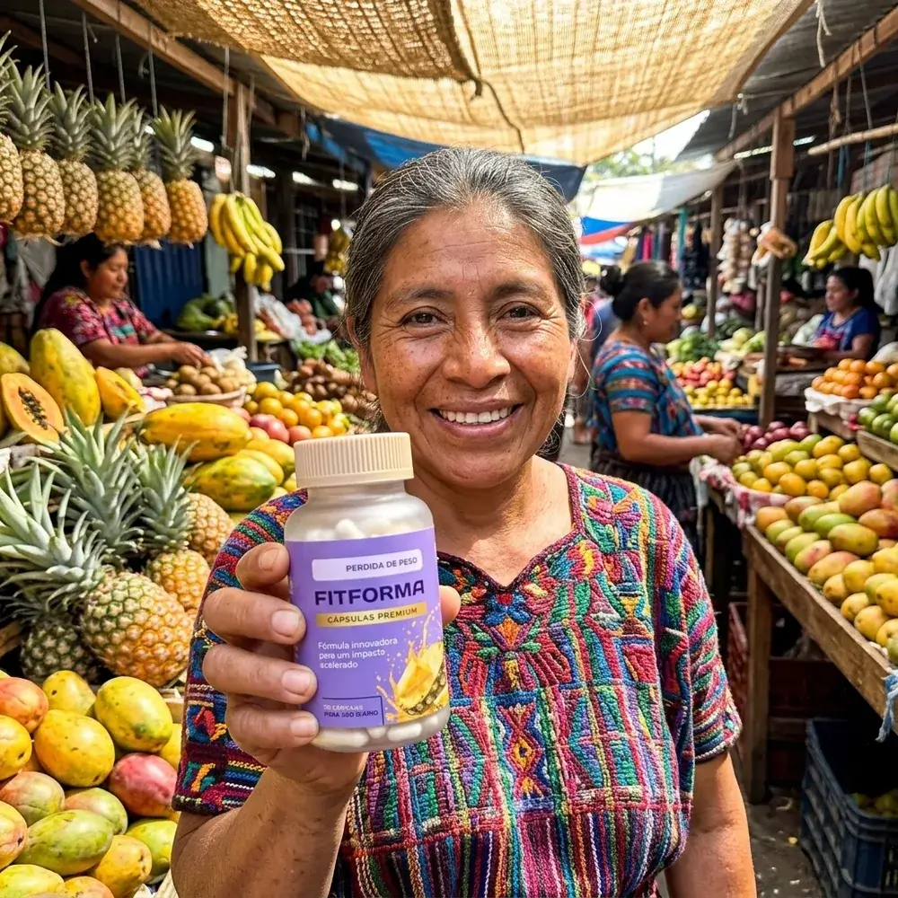Mujer de 58 años en un mercado lleno de fruta tropical sosteniendo el frasco de FitForma