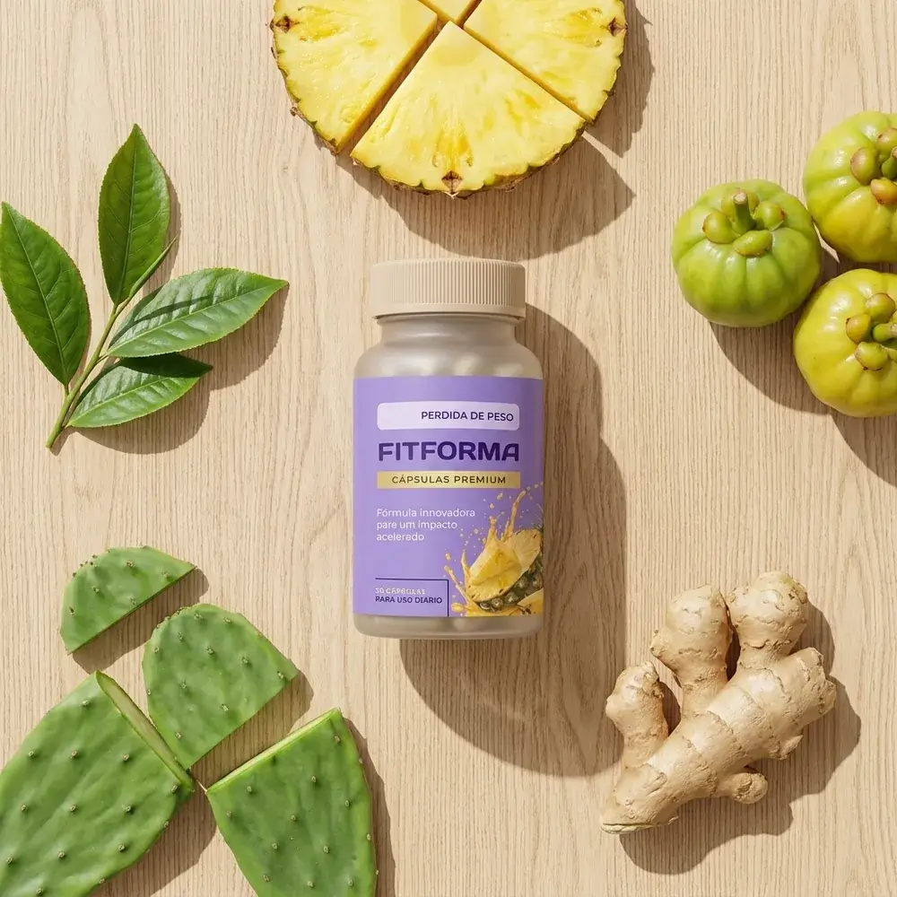 Frasco de FitForma rodeado de rodajas de piña, hojas de té verde, nopal, jengibre y garcinia