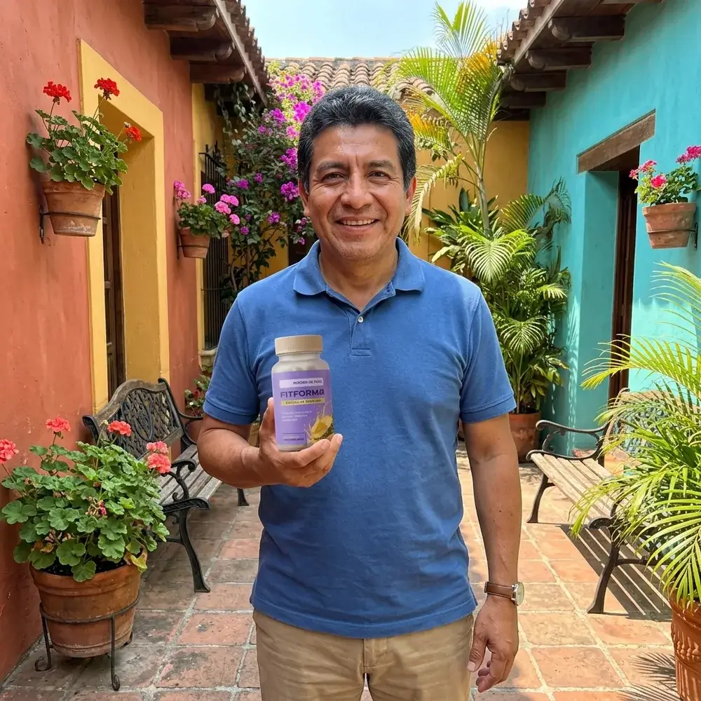 Hombre de unos 52 años sonriente con el frasco de FitForma en un patio colorido