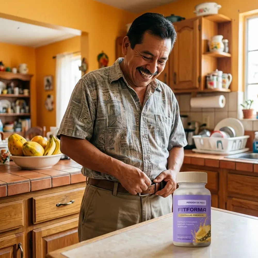Hombre de 56 años riendo mientras se ajusta el cincho en la cocina de su casa