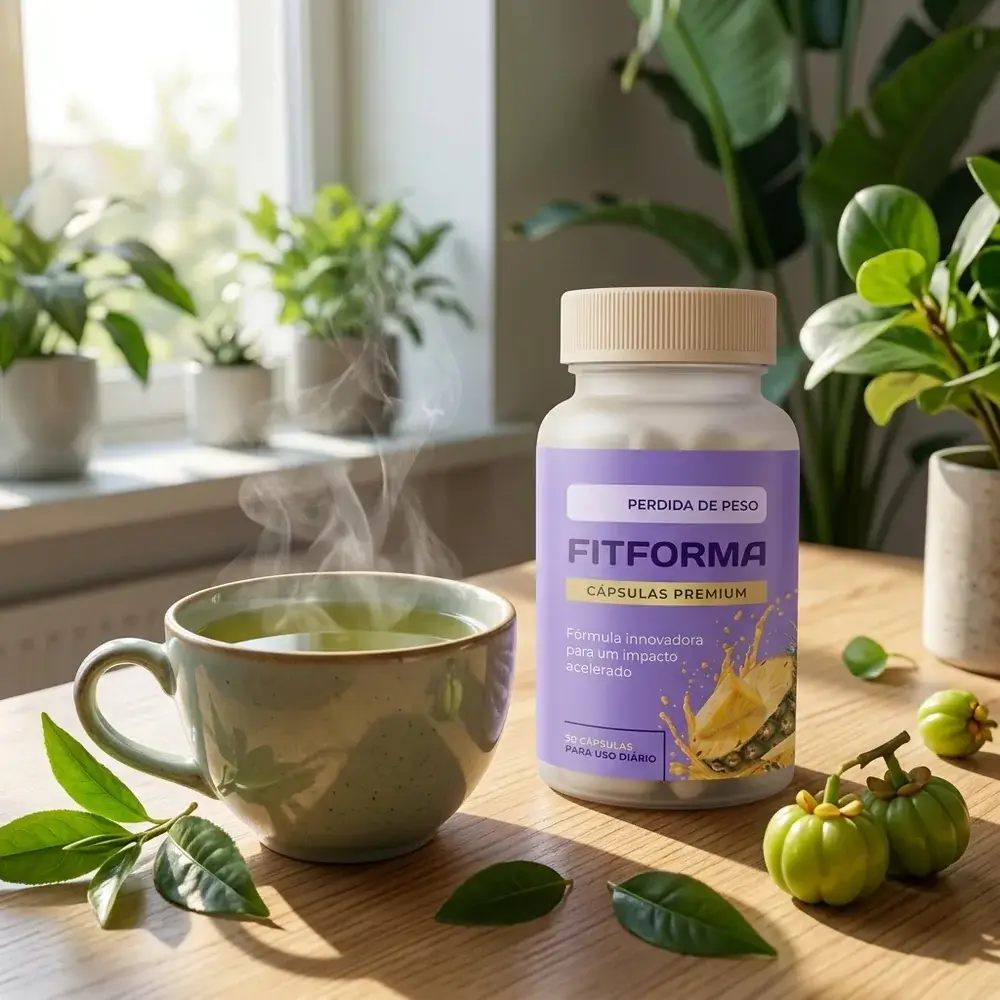 Taza de té verde humeante con hojas frescas y frutos de garcinia junto al frasco de FitForma